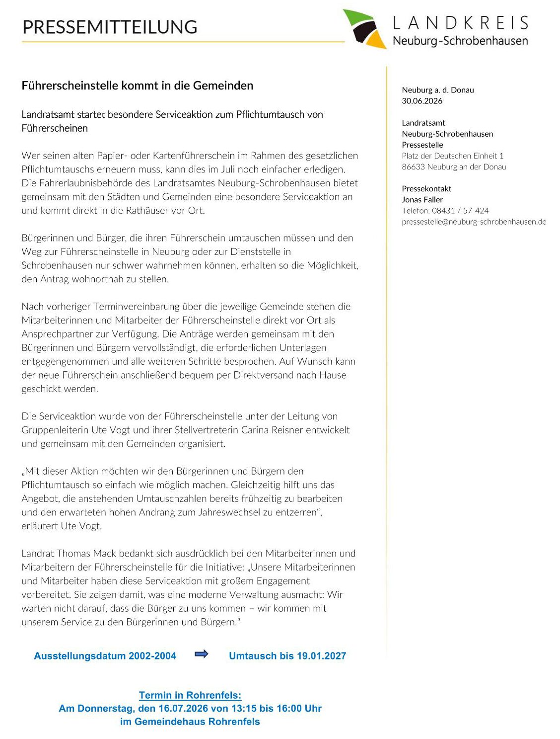Mehr über den Artikel erfahren Führerschein-Umtausch am 16.07.2026 in unserer Gemeinde